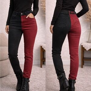 Royal Bones Split Black & Red Skinny Jeans – Punk Emo Goth – Rare